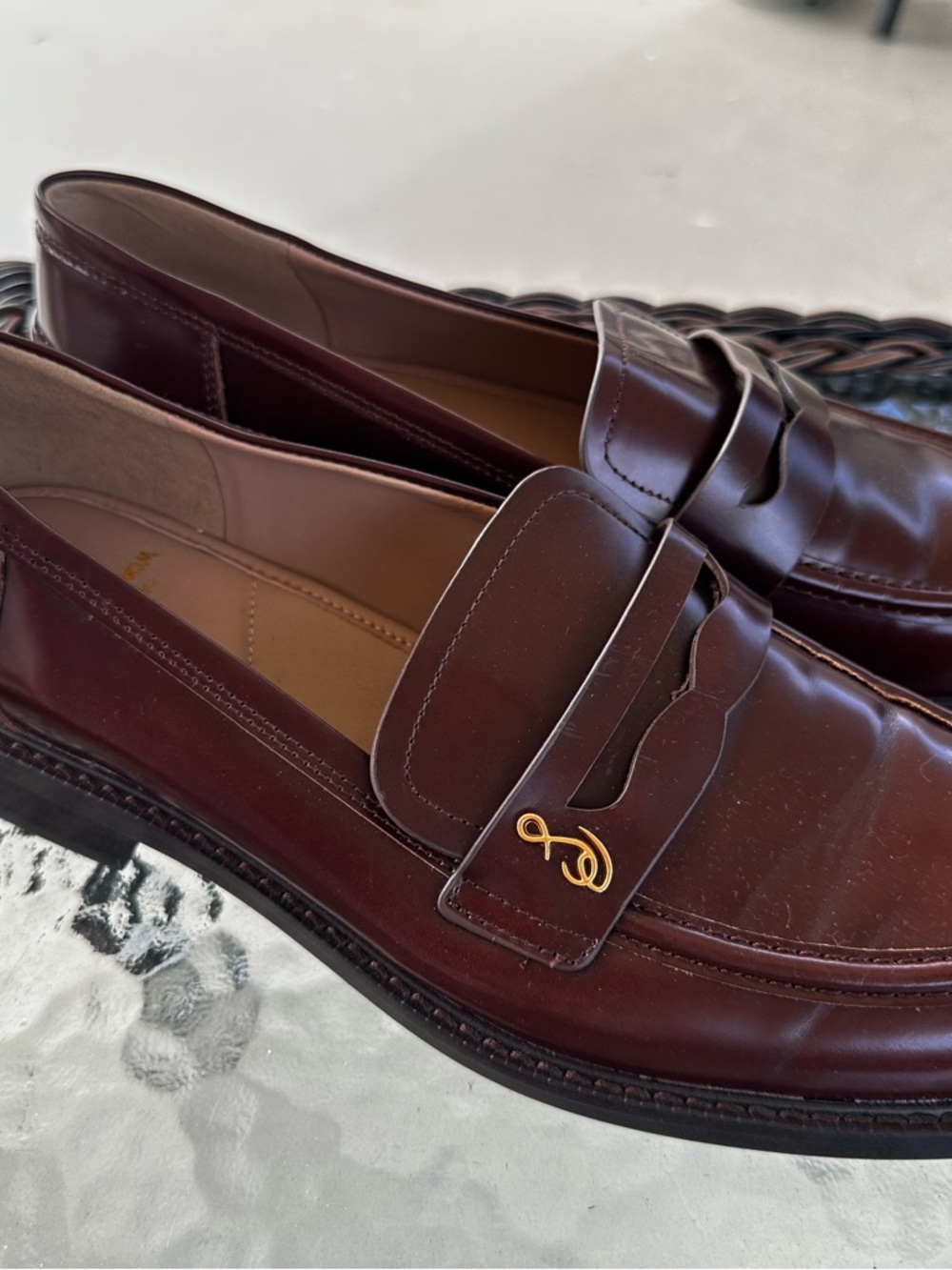 Sam Edelman women’s Burgundy Leather Penny Loafers with Gold Accent